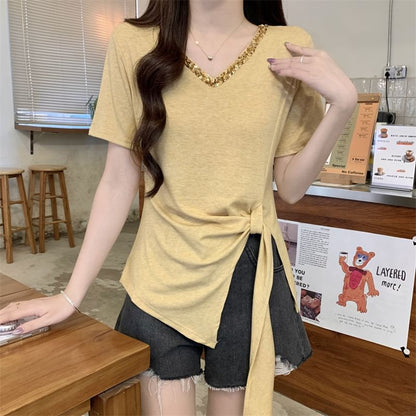 Short-Sleeve V-Neck Lace Trim Asymmetrical Plain Top