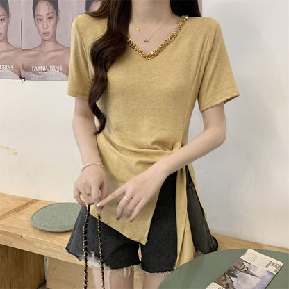 Short-Sleeve V-Neck Lace Trim Asymmetrical Plain Top