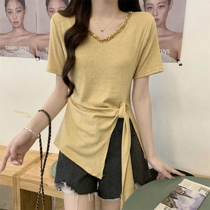 Short-Sleeve V-Neck Lace Trim Asymmetrical Plain Top