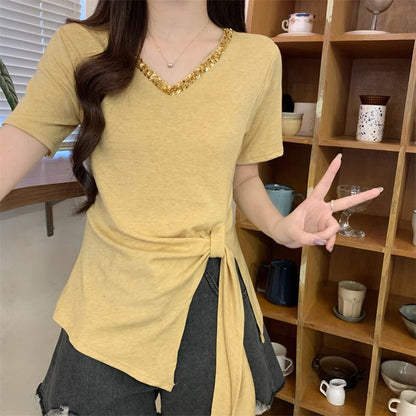 Short-Sleeve V-Neck Lace Trim Asymmetrical Plain Top