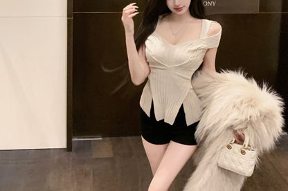 Short-Sleeve Cold Shoulder Plain Crop Top