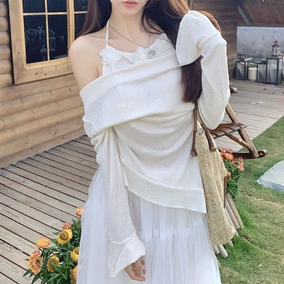 Mock Two-Piece Long-Sleeve Plain Top / High Rise Maxi A-Line Skirt