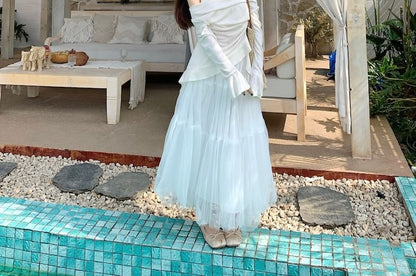 Mock Two-Piece Long-Sleeve Plain Top / High Rise Maxi A-Line Skirt