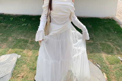 Mock Two-Piece Long-Sleeve Plain Top / High Rise Maxi A-Line Skirt