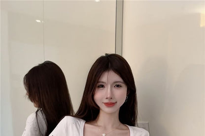 Short-Sleeve Square Neck Rhinestone Plain Crop T-Shirt