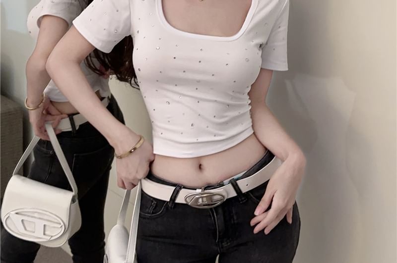 Short-Sleeve Square Neck Rhinestone Plain Crop T-Shirt