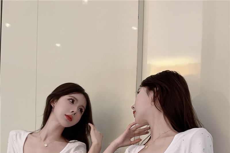 Short-Sleeve Square Neck Rhinestone Plain Crop T-Shirt