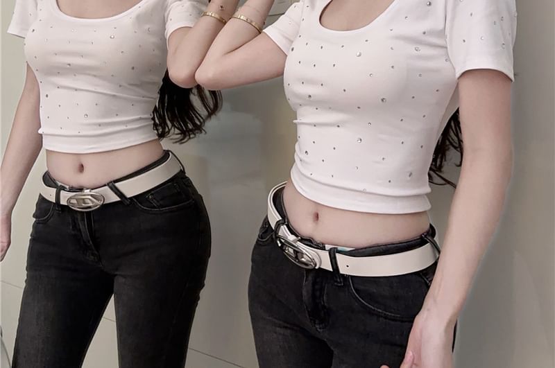 Short-Sleeve Square Neck Rhinestone Plain Crop T-Shirt