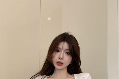 Short-Sleeve Square Neck Rhinestone Plain Crop T-Shirt