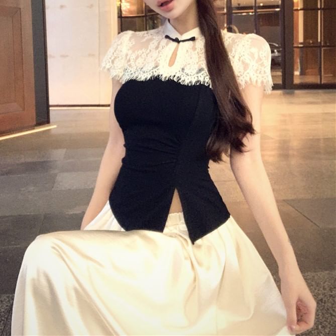 Short-Sleeve Two Tone Asymmetrical Top / High Waist Maxi A-Line Skirt