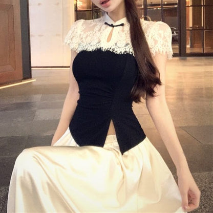 Short-Sleeve Two Tone Asymmetrical Top / High Waist Maxi A-Line Skirt