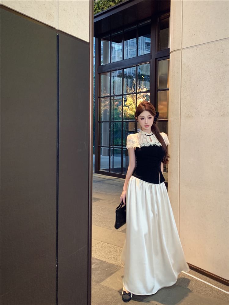 Short-Sleeve Two Tone Asymmetrical Top / High Waist Maxi A-Line Skirt