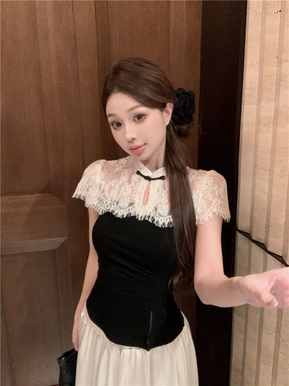 Short-Sleeve Two Tone Asymmetrical Top / High Waist Maxi A-Line Skirt