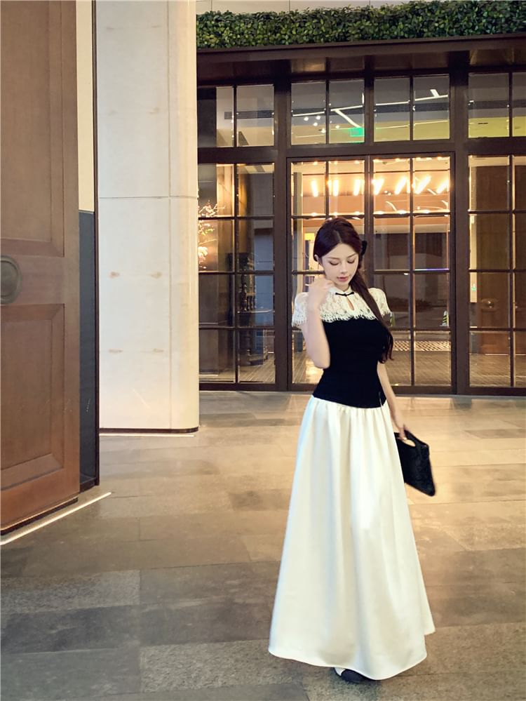 Short-Sleeve Two Tone Asymmetrical Top / High Waist Maxi A-Line Skirt