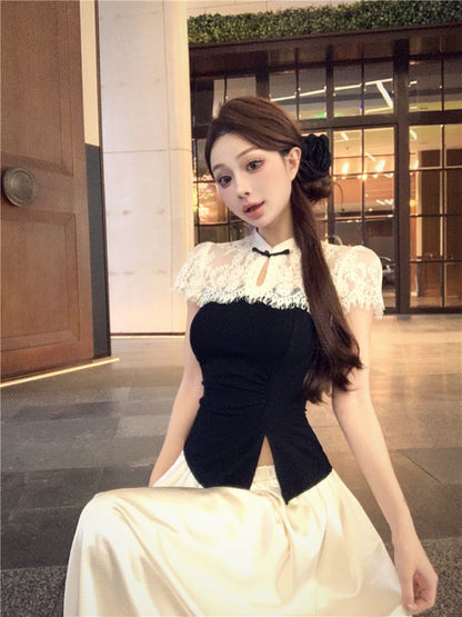 Short-Sleeve Two Tone Asymmetrical Top / High Waist Maxi A-Line Skirt