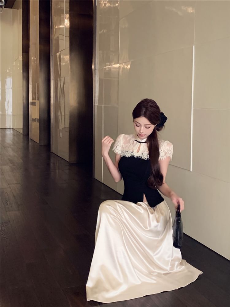 Short-Sleeve Two Tone Asymmetrical Top / High Waist Maxi A-Line Skirt