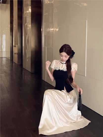 Short-Sleeve Two Tone Asymmetrical Top / High Waist Maxi A-Line Skirt