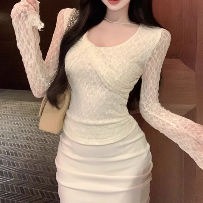 Long-Sleeve U-Neck Lace Top