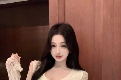 Long-Sleeve U-Neck Lace Top