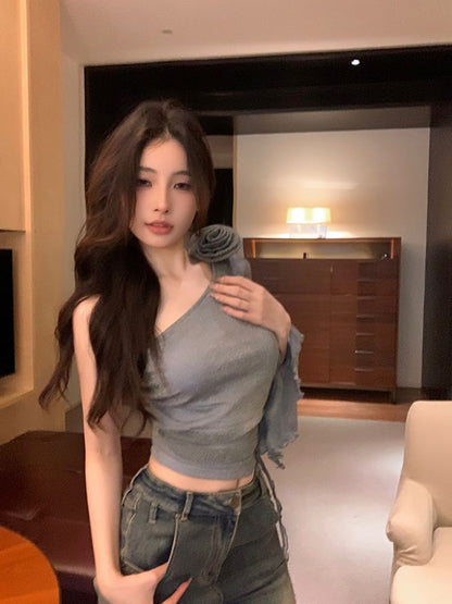 One-Sleeve Floral Accent Plain Crop Top