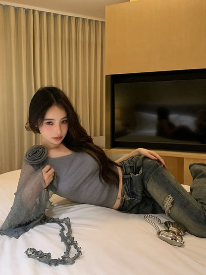 One-Sleeve Floral Accent Plain Crop Top