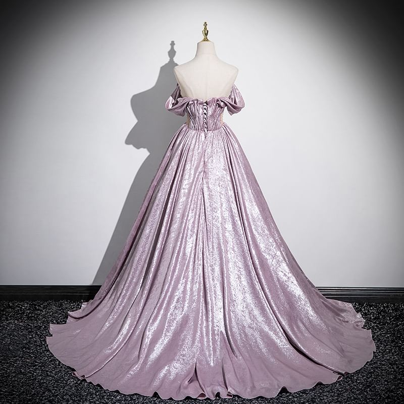 Off-Shoulder Ruched Gown Metallic Ball Cutout