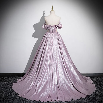 Off-Shoulder Ruched Gown Metallic Ball Cutout