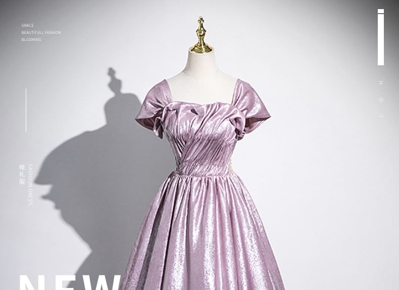 Off-Shoulder Ruched Gown Metallic Ball Cutout