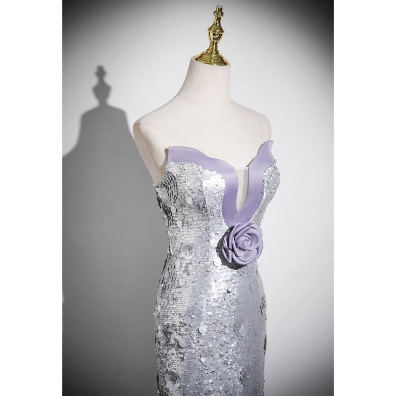 Strapless Sequin Floral Accent Mermaid Evening Gown