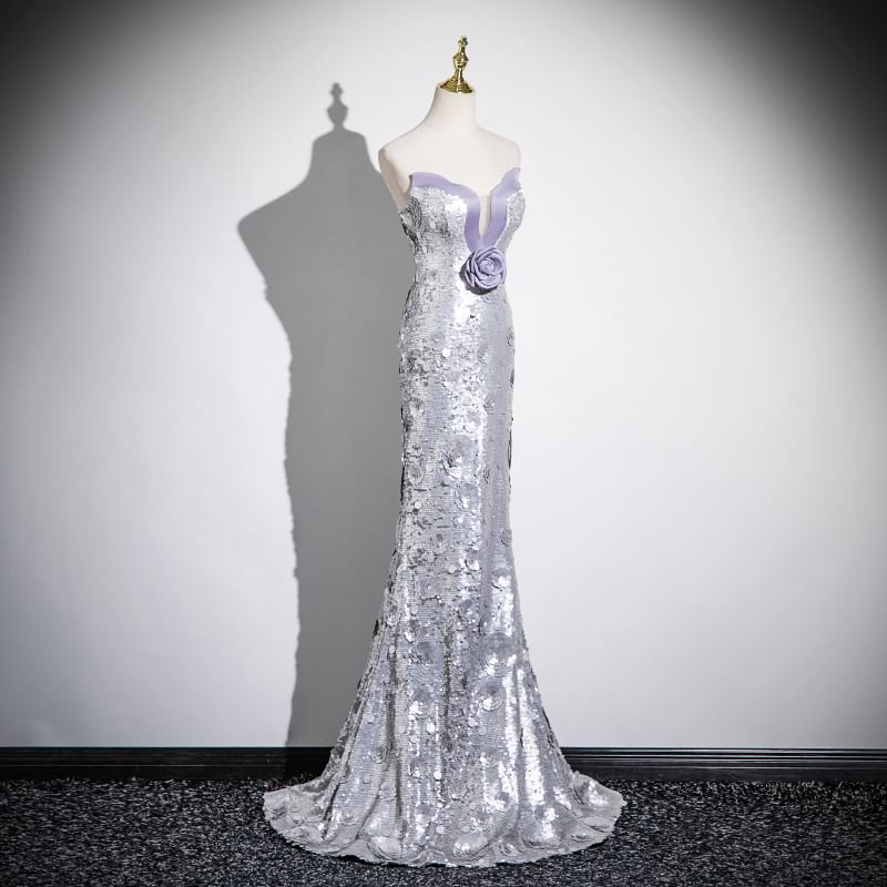 Mermaid Floral Evening Sequin Strapless Gown Accent