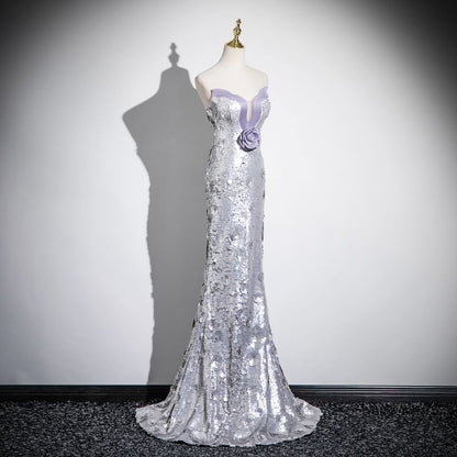 Mermaid Floral Evening Sequin Strapless Gown Accent