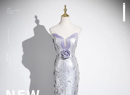 Mermaid Floral Evening Sequin Strapless Gown Accent