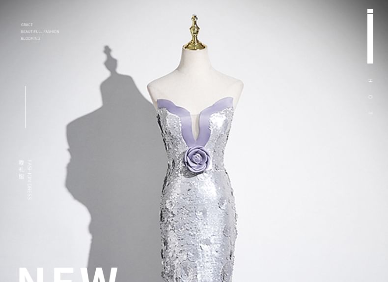 Strapless Sequin Floral Accent Mermaid Evening Gown