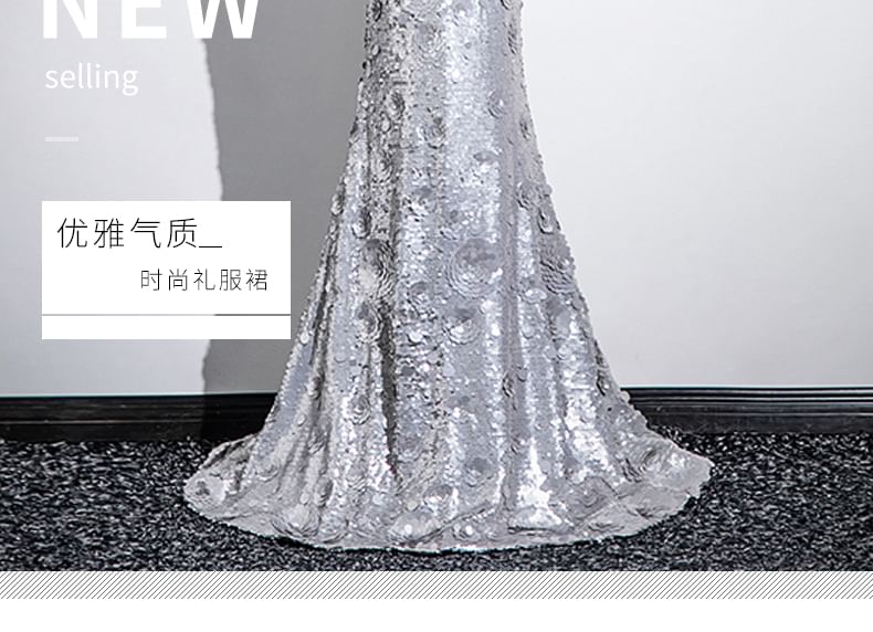 Strapless Sequin Floral Accent Mermaid Evening Gown