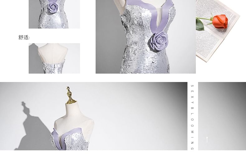 Mermaid Floral Evening Sequin Strapless Gown Accent