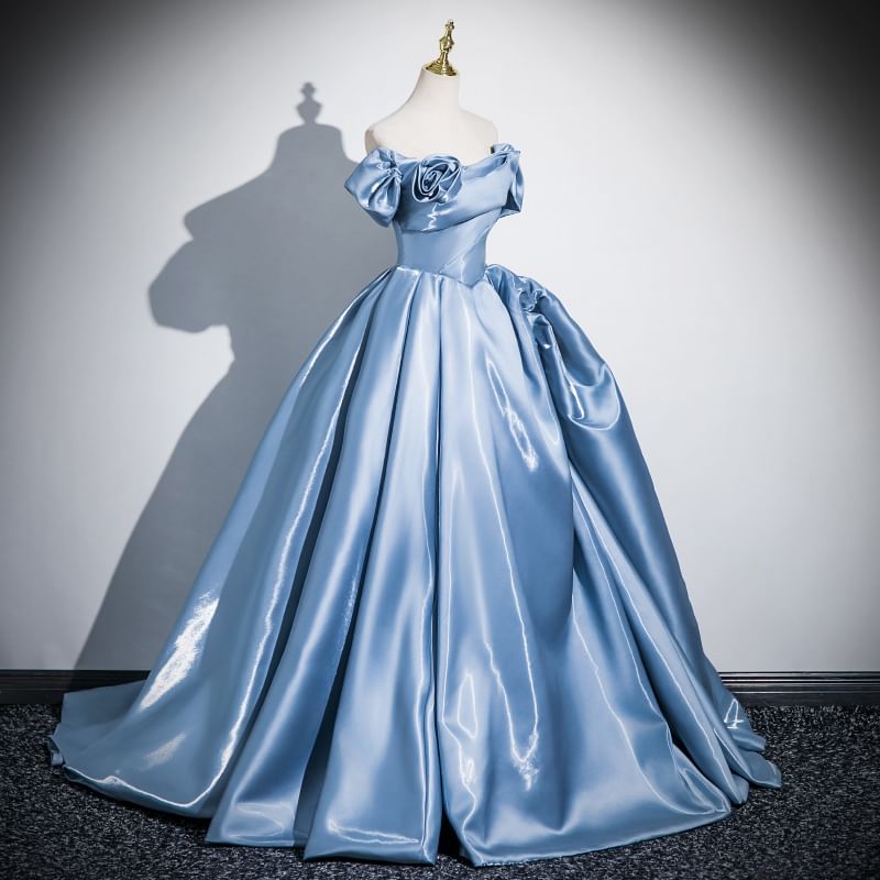 Short-Sleeve Off-Shoulder Plain Floral Accent Ball Gown