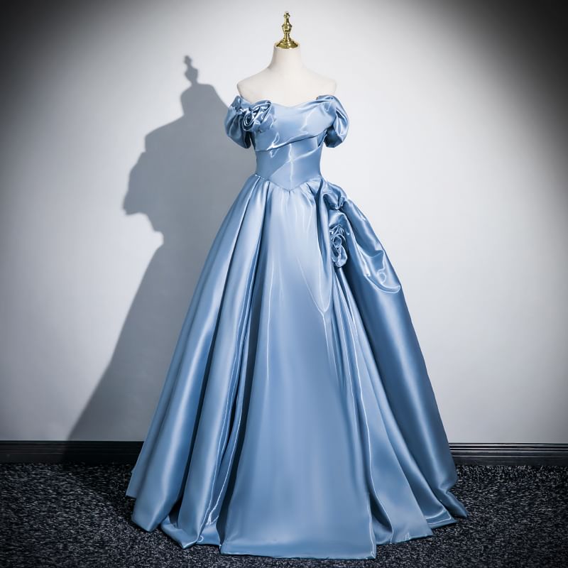 Gown Ball Short-Sleeve Off-Shoulder Accent Floral Plain