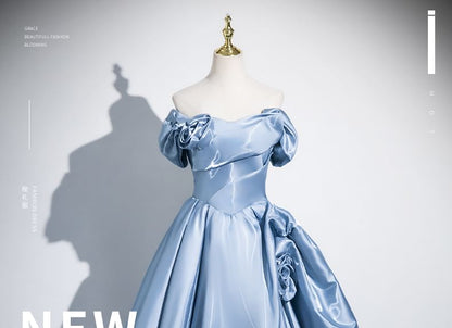 Short-Sleeve Off-Shoulder Plain Floral Accent Ball Gown