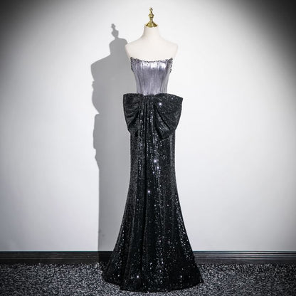 Off-Shoulder Accent Gown Bow Sequin Mermaid Evening Short-Sleeve