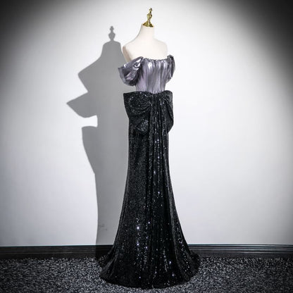Short-Sleeve Off-Shoulder Sequin Bow Accent Mermaid Evening Gown
