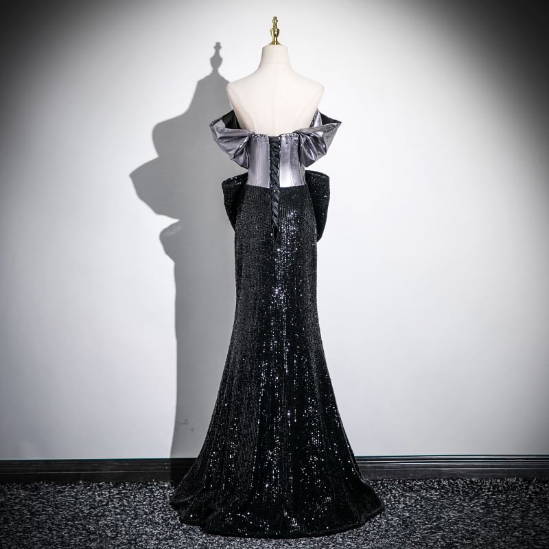 Off-Shoulder Accent Gown Bow Sequin Mermaid Evening Short-Sleeve