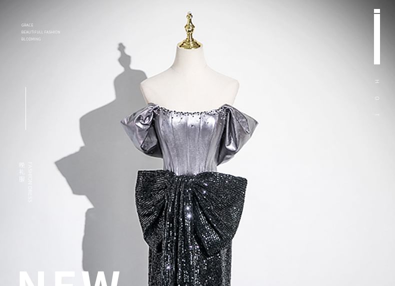 Off-Shoulder Accent Gown Bow Sequin Mermaid Evening Short-Sleeve