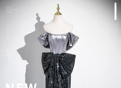 Short-Sleeve Off-Shoulder Sequin Bow Accent Mermaid Evening Gown