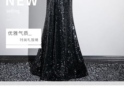 Off-Shoulder Accent Gown Bow Sequin Mermaid Evening Short-Sleeve