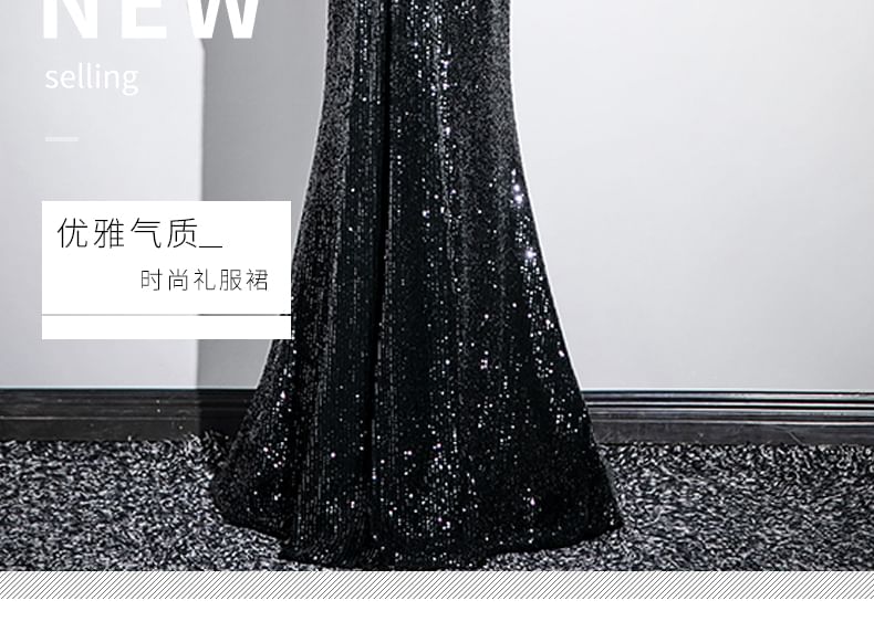 Short-Sleeve Off-Shoulder Sequin Bow Accent Mermaid Evening Gown