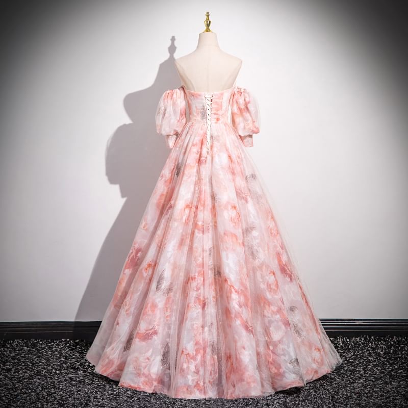 Set: Strapless Sweetheart Neckline Floral Print A-Line Evening Gown + Arm Sleeves