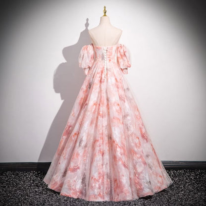 Set: Strapless Sweetheart Neckline Floral Print A-Line Evening Gown + Arm Sleeves