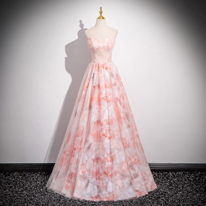 Gown Arm Strapless Floral A-Line Set: Sweetheart Evening Print Sleeves Neckline +