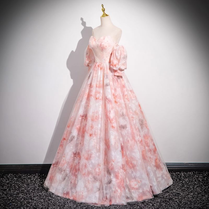 Gown Arm Strapless Floral A-Line Set: Sweetheart Evening Print Sleeves Neckline +