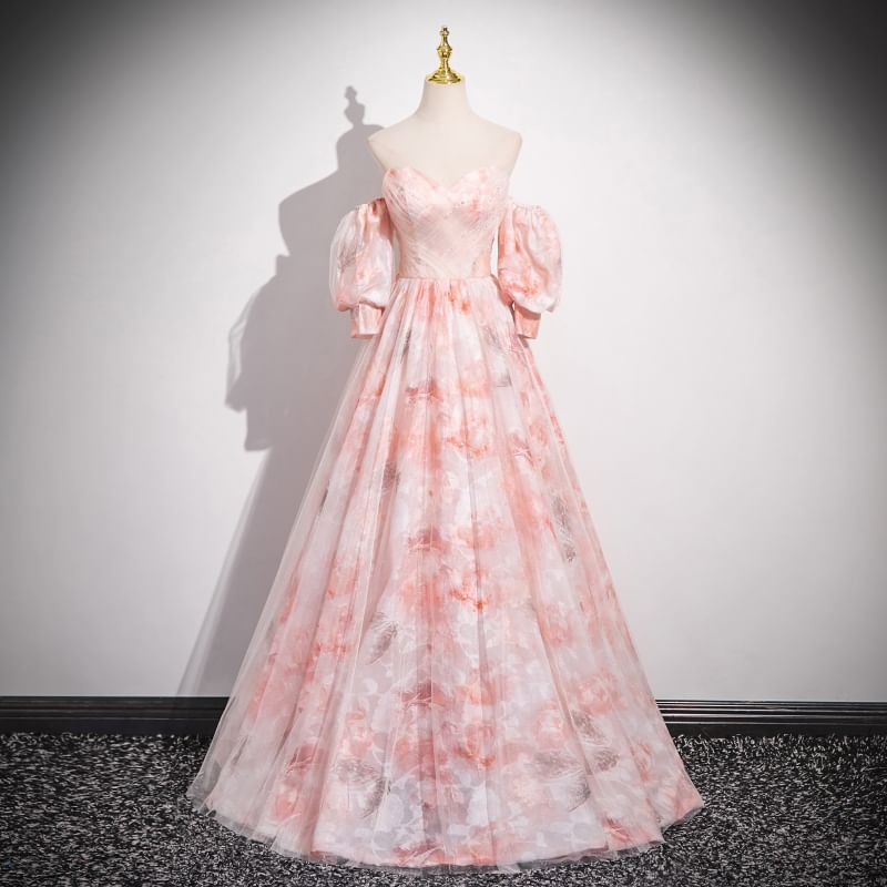 Gown Arm Strapless Floral A-Line Set: Sweetheart Evening Print Sleeves Neckline +